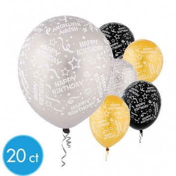 Black, Gold & Silver Birthday Confetti All Over Print Latex Balloon Assortment 12in 20/ct