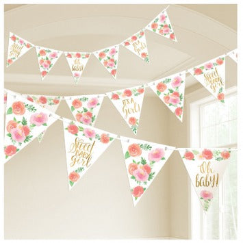 Floral Baby Pennant Banner Ribbon, 15ft, 24 Pennants, 6in x 7in