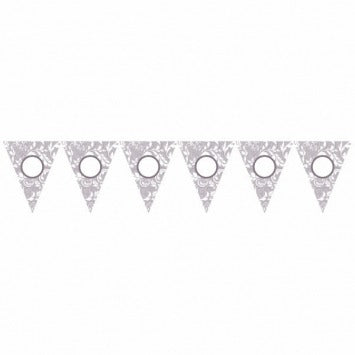 Elegant Scroll - Silver Personalized Pennant Banner, Contains: 24 Pennants, 10 1/2in x 8 1/2in; 120 Letters, Numbers & Symbols
; 1 Ribbon, 1/4in x 26ft