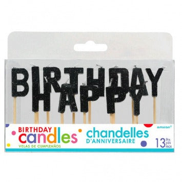 Happy Birthday Glitter Pick Candles - Black 2 1/4in 13/ct