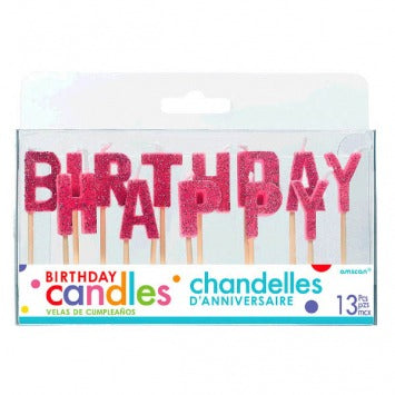 Happy Birthday Glitter Pick Candles - Pink 2 1/4in 13/ct