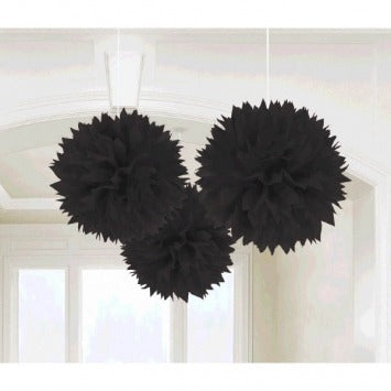 Jet Black Fluffy Paper Decorations, 16in 3ct