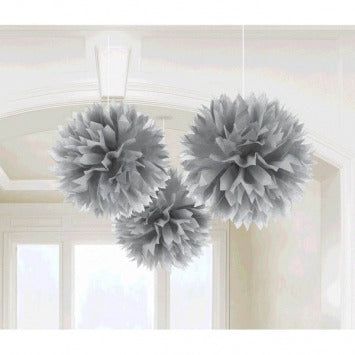 Silver Paper Fluffy Decorations 16in 3/ct