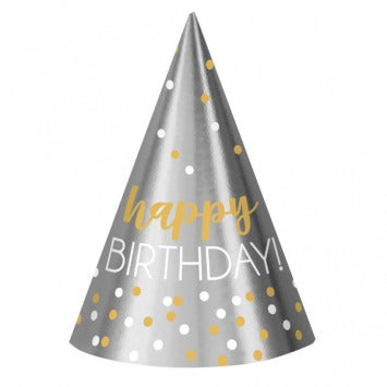 Birthday Accessories Silver & Gold Printed Cone Hats 7in 12/ct