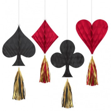 Casino Mini Honeycombs w/ Tassels, Contains: 4 honeycombs, 6in w/ foil tassels, 6in