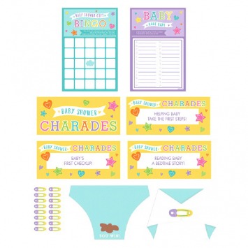 Baby Shower Game Kit, Contains: 16 Playing Cards 6in x 4in, 16 Paper Diapers w/Stickers, 16 Charade Cards