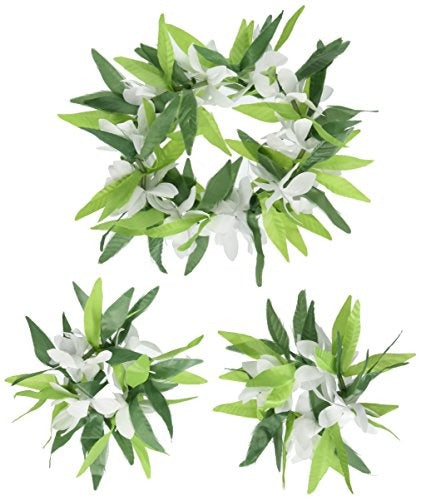 Green Leaf Head Wreath and Wristlets w/Flowers: 1 Head Wreath,8in; 2 Wristlets, 3in 3/ct