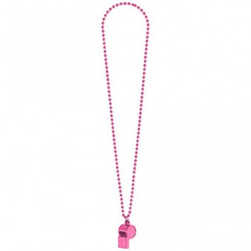 Pink Whistle On Chain Necklace: Necklace, 36in; Whistle, 2in