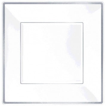 Square Plastic Plate White w/Silver Trim, 10in 8/ct