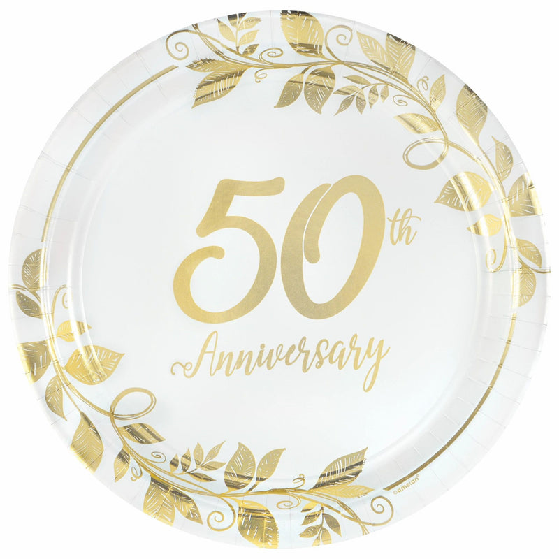 Happy 50th Anniversary Round Metallic Plates 10.5in 8/ct