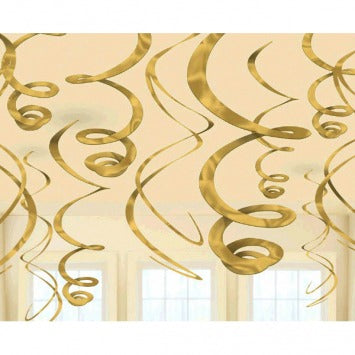 Plastic Swirl Decorations - Gold 22in 12/ct