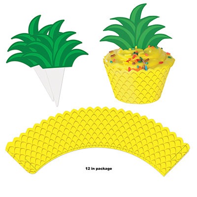 Pineapple Cupcake Wrappers 8in With Stem Toppers 4in 12/ct