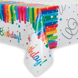 Rainbow Ribbons Birthday Rectangular Plastic Table Cover, 54in x 84in