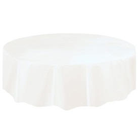 White Solid Round Plastic Table Cover, 84in