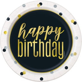 Metallic Happy Birthday Round Dessert Plates 7in 8/ct