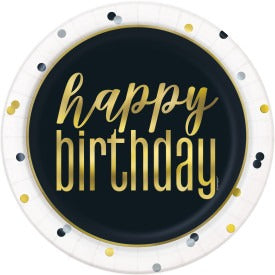 Metallic Happy Birthday Round Dinner Plates 9in 8/ct