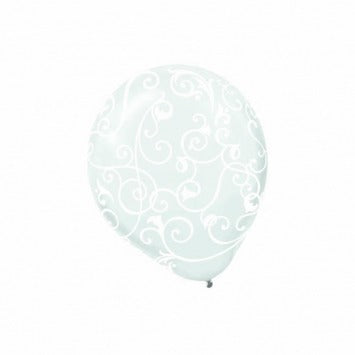 Clear w/White Scroll All-Over Print Latex Balloons 12in 6/ct