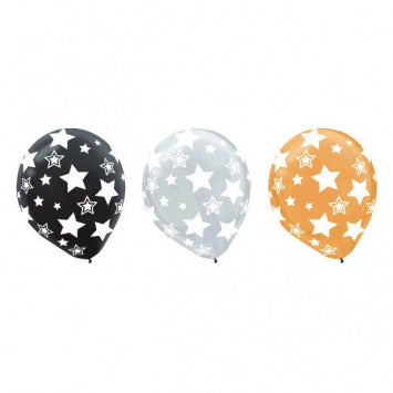 Black, Gold & Silver Stars All Over Print Latex Balloon Assortment 12in 20/ct
