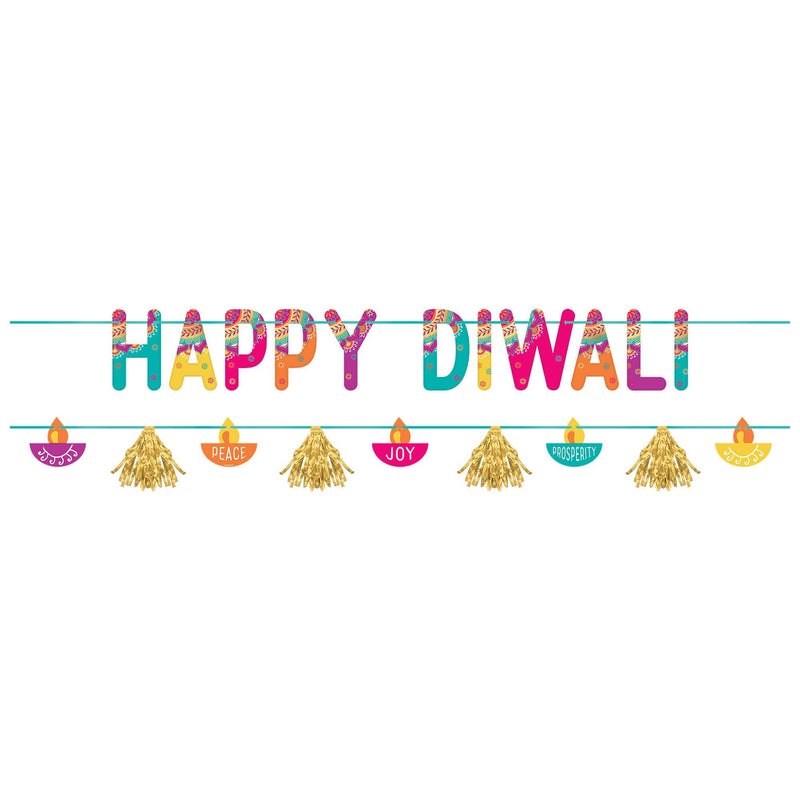 Diwali Banner Kit: 1 Ribbon Banner, 5 7/8ft w/ hot-stamped paper letters, 6 1/2in; 1 Ribbon Banner, 5 7/8ft w/paper cutouts and foil fringe, 4 1/2in, 2/ct