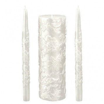 Unity Candle Set Pearlized White Pillar, 9in; Tapers, 10in; 3/ct