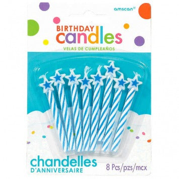 Spiral Candles w/Star Topper - Blue 2 1/2in 8/ct