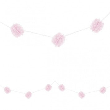 New Pink Fluffy Garland 2 ribbons 12in each, 9 fluffy balls 5 1/2in each