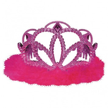 Tiara Princess Electroplated Plastic w/Marabou - Hot Pink 3 1/2in x 4 1/2in