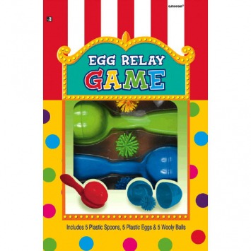 Egg Relay Game; 5 Assorted Color Plastic Spoons, 5 Plastic Eggs, 5 Wooly Balls