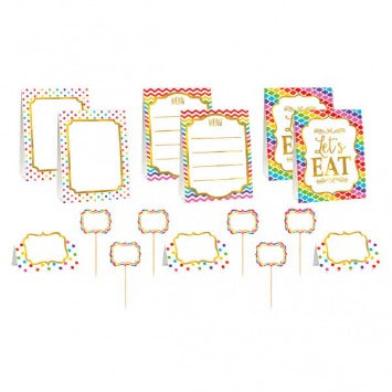 Buffet Decorating Kit - Rainbow: 3 Large Tent Cards - Paper, 8 3/4in; 3 Small Tent Cards - Paper, 2in x 4in; 6 Label Picks - Wood w/Paper, 7in x 3 1/4in