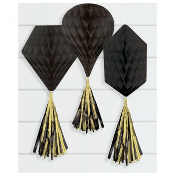 Mini Honeycombs w/ Tassels - Black 6in honeycomb shape, 6in tassel length, 12in total height 3/ct