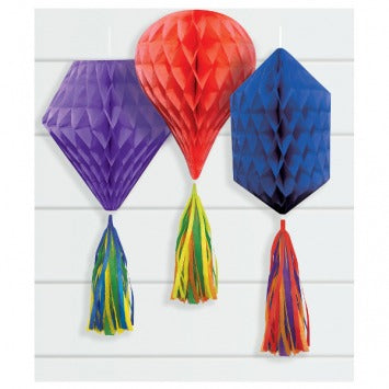 Mini Honeycombs w/ Tassels - Rainbow 6in honeycomb shape, 6in tassel length 3/ct