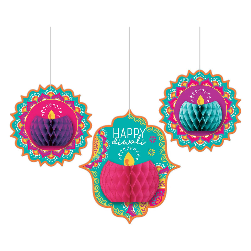 Diwali Honeycomb Hanging Decorations, 2 - 10.5in, 1 - 14in x 12 2/5in, 3/ct