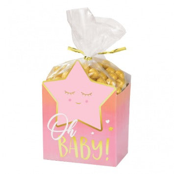 Oh Baby Girl Favor Box Kit: 8 boxes, 3in x 4in; 8 cello bags, 2 3/4in x 7in; 8 twist ties