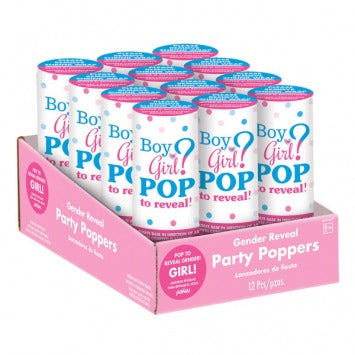 Pink Confetti Girl Poppers 4 1/4in h x 1 1/2in  dia 12/ct