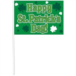 Happy St. Patrick's Day Plastic Flags Value Pack: Flags 4in x 6.25in; Attached Sticks 10.5in 12/ct