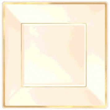 Square Plastic Plate Cream w/Gold Trim, 10in 8/ct