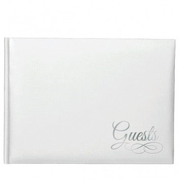 White Guest Book w/Silver Detail 6 1/8in x 8 1/4in