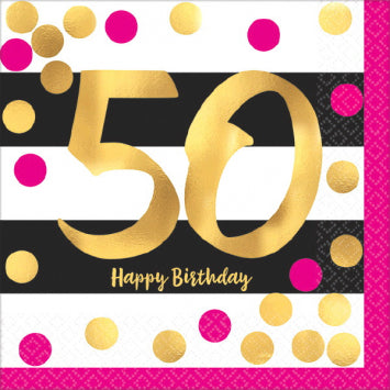 Pink and Gold Milestone 50 Hot-Stamped Beverage Napkins 16/ct