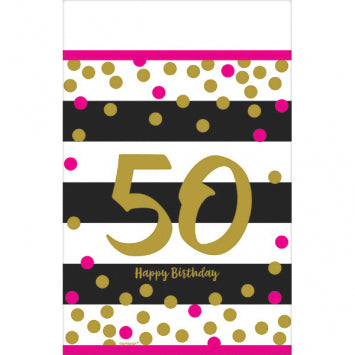Pink and Gold Milestone 50 Plastic Table Cover 54" x 102"