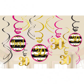 Pink and Gold Milestone 30 Swirl Decorations 12/ct