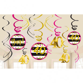 Pink and Gold Milestone 40 Swirl Decorations 12/ct