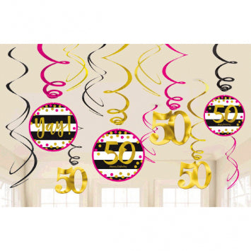 Pink and Gold Milestone 50 Swirl Decorations 12/ct