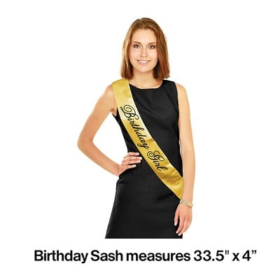 Black & Gold Sash, Satin, Birthday Girl  33.5in x 4in