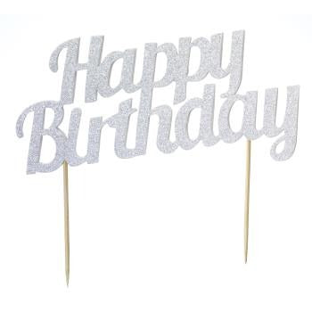 Silver Happy Birthday Diamond Cake Topper