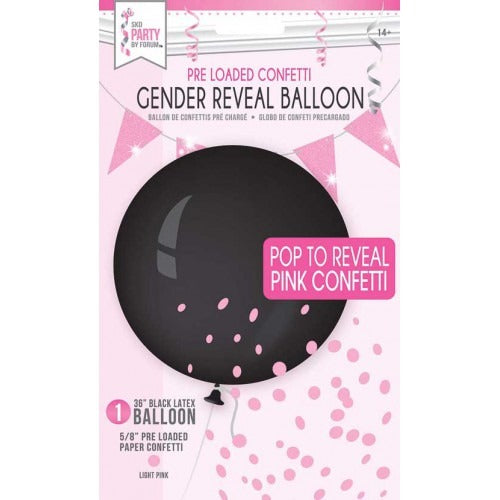 Gender Reveal Latex Balloon Black W/Light Pink Confetti 36in 1/ct