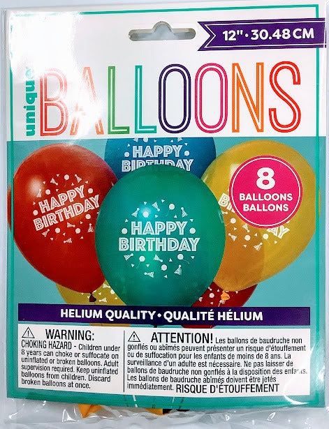 Peppy Bday Latex Balloons Assorted 12in 8/ct